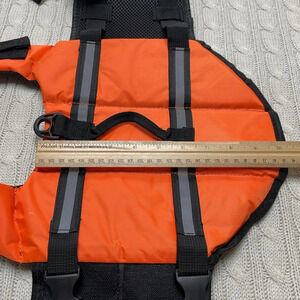 Sm Canine floatation vest. Orange and black. Adjustable. Handle/leash attachment
